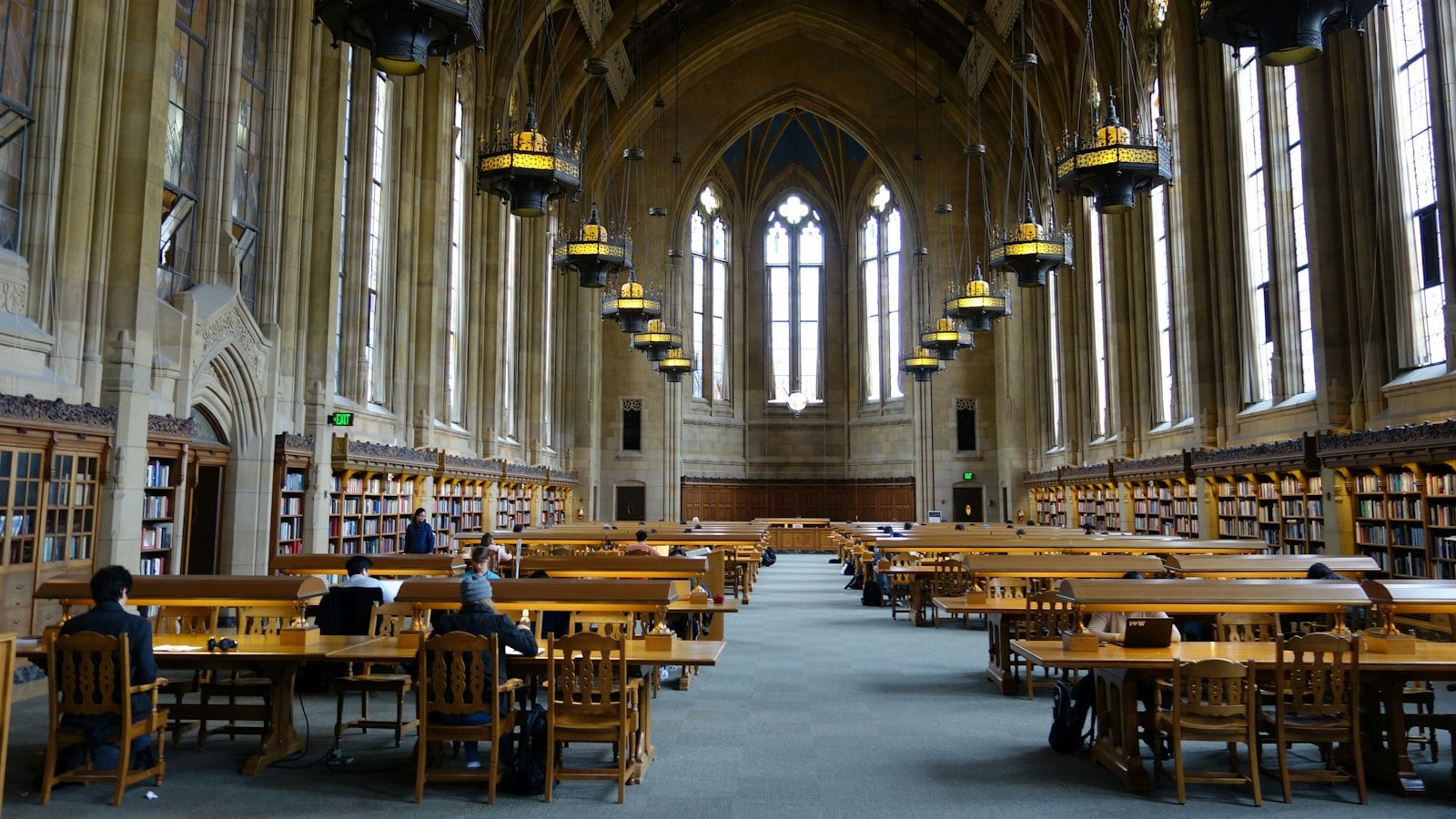 A grand university library reading room with long wooden tables, hanging lamps and tall arched windows (photo: Ken Theimer / Unsplash)