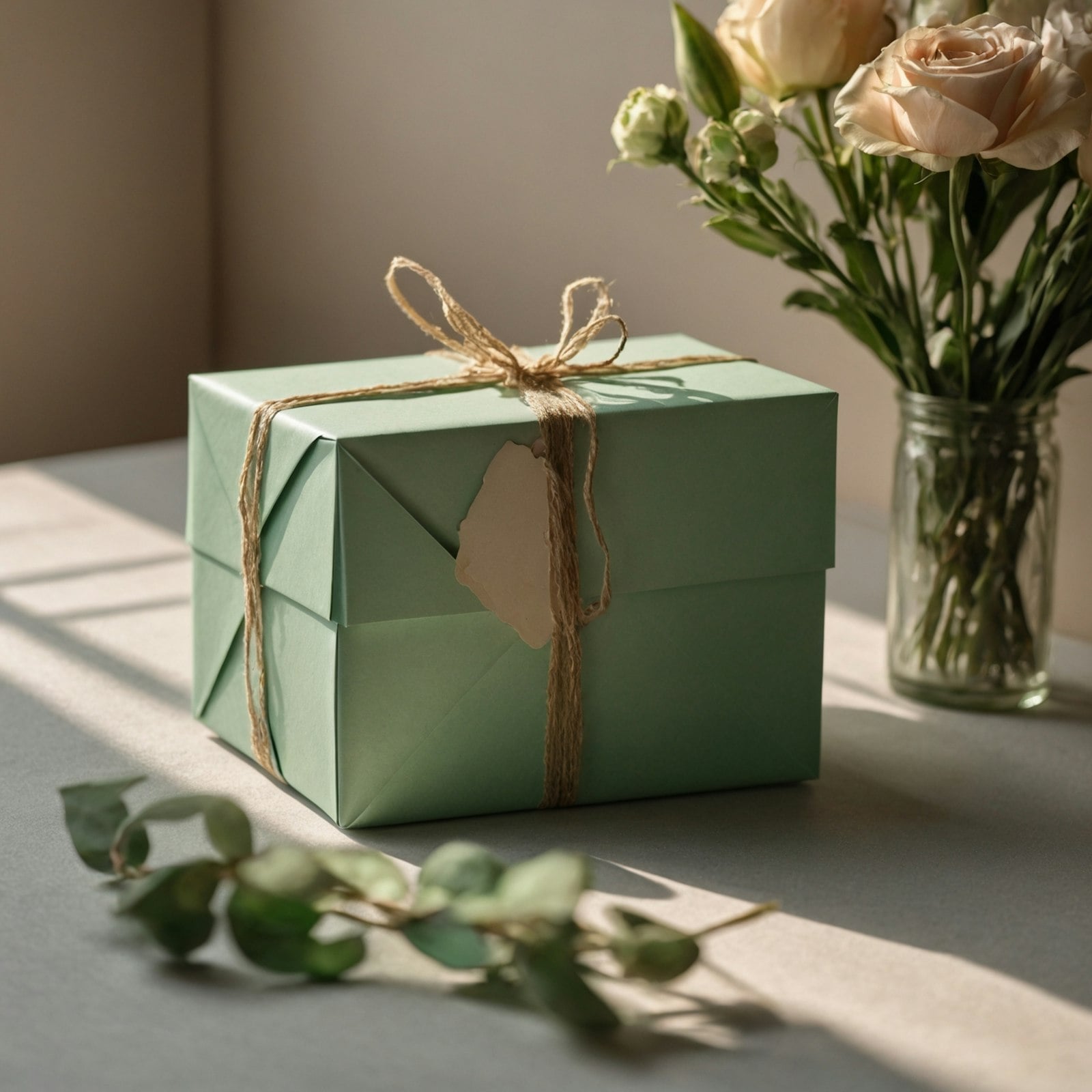 Mint green gift box tied with twine beside a vase of roses (photo: Baibhav Kumar / Unsplash)